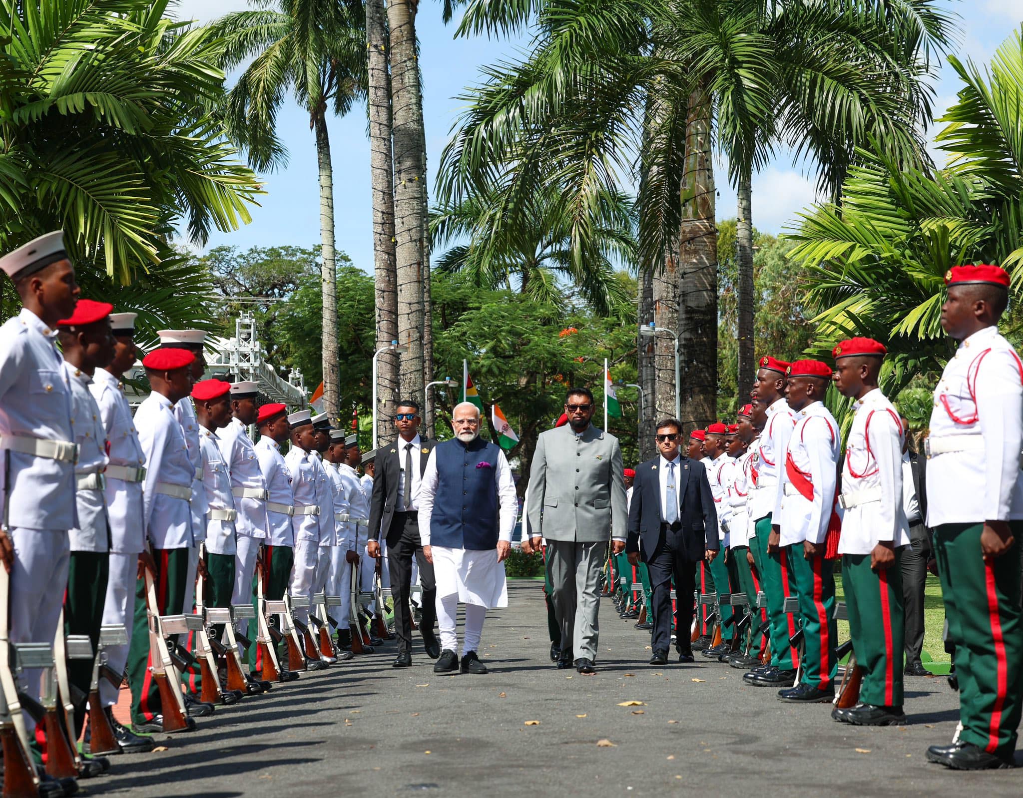 Prime Minister Modi Receiving the Ceremonial Guard of Honour at State House, Guyana