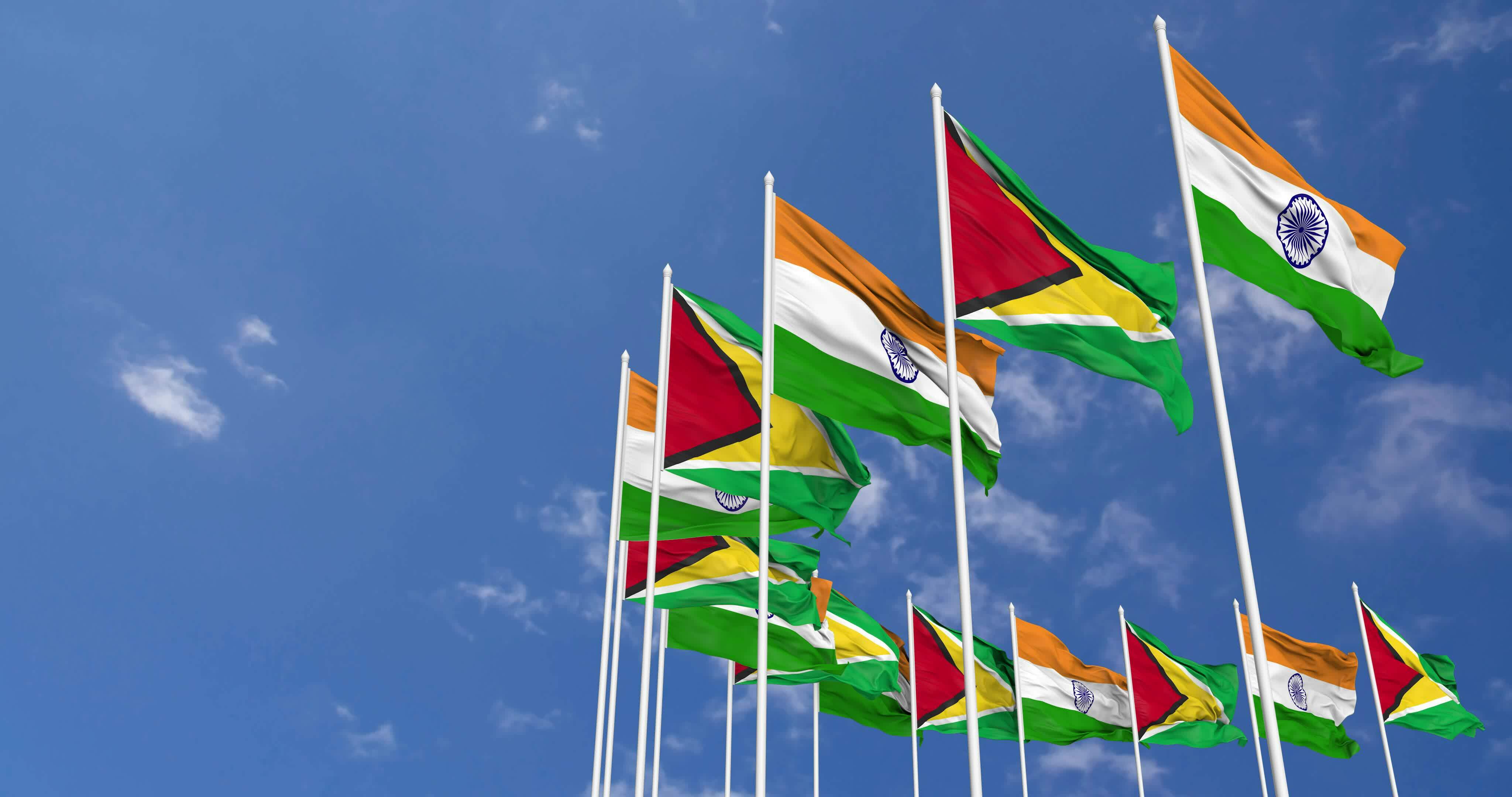 Guyana and India Flags Waving